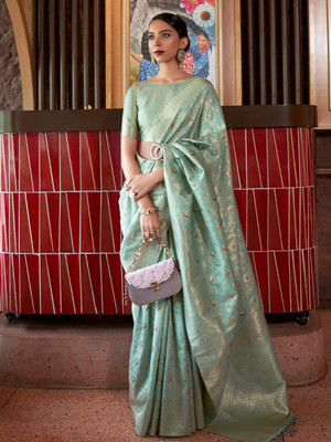 SWORNOF Solid/Plain, Embroidered Bollywood Silk Blend Saree(Light Blue)