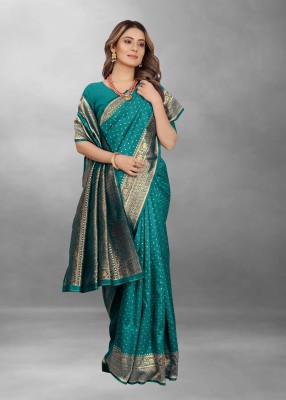 Hinayat Fashion Self Design, Printed, Embroidered, Woven, Embellished Kanjivaram Silk Blend, Jacquard Saree(Light Green)