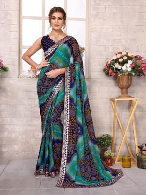 YASHIKA Printed Bollywood Georgette, Lace Saree(Blue)