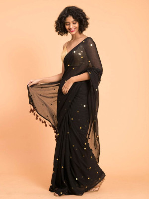 SUEE SUTA Woven Handloom Cotton Blend Saree(Black)