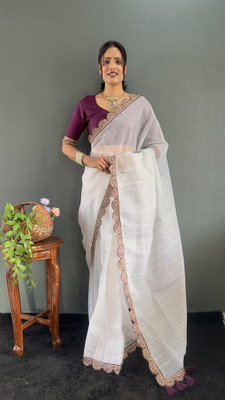MM VENTURE Striped Bollywood Viscose Rayon Saree(White)