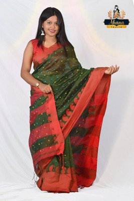 Ahana Textile Self Design Handloom Cotton Blend Saree(Green)