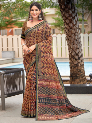 Divastri Printed Daily Wear Cotton Blend Saree(Brown)