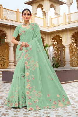 Laxmipati Sarees Embroidered Bollywood Chiffon Saree(Green)