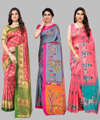 Nirvaan Printed Mysore Art Silk Saree(Pack of 3, Multicolor)