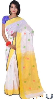 AjoyDas Printed Handloom Pure Cotton Saree(White)