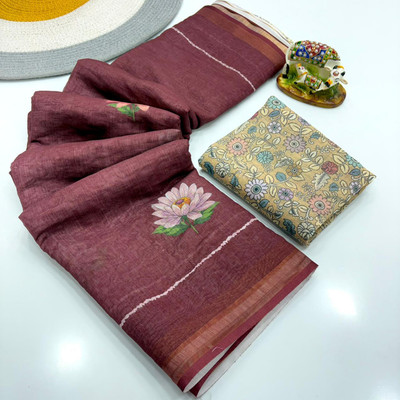 Arya tex Floral Print, Printed Pochampally Linen Saree(Maroon)