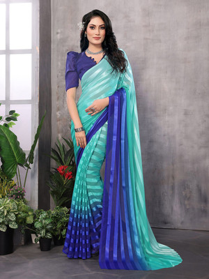 Moda Rapido Striped Daily Wear Satin Saree(Green)