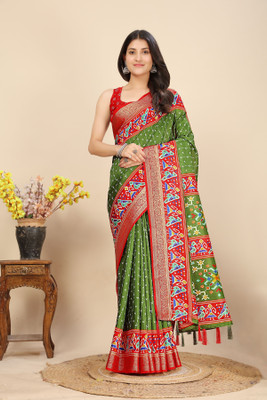 J6 Designers Self Design, Checkered, Printed Madhubani Cotton Silk Saree(Yellow)