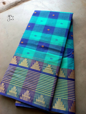 J KunduHouse Temple Border Tant Cotton Blend Saree(Multicolor)