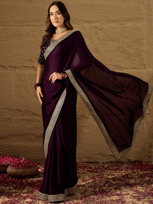 AVANSHEE Embroidered Bollywood Satin, Chiffon Saree(Purple)