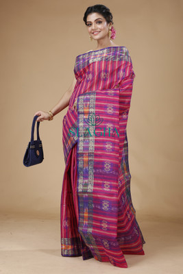 SLAGHA Striped Handloom Handloom Pure Cotton Saree(Pink)