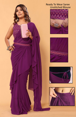 MYSTERY BOX Self Design, Solid/Plain Bollywood Georgette Saree(Purple)