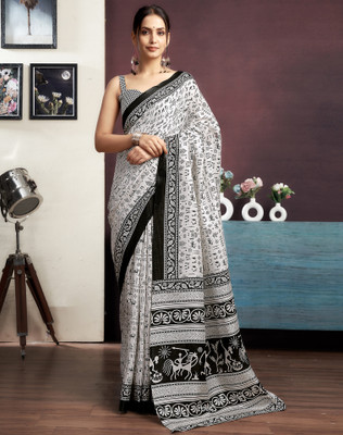 SIRIL Geometric Print, Printed Bhagalpuri Silk Blend Saree(White, Black)