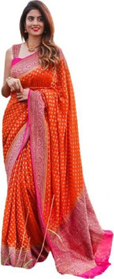 Anjaneya Sarees Self Design Banarasi Silk Blend Saree(Pink, Orange)