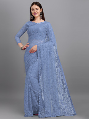 Indy Bliss Self Design Lucknow Chikankari Net Saree(Blue)