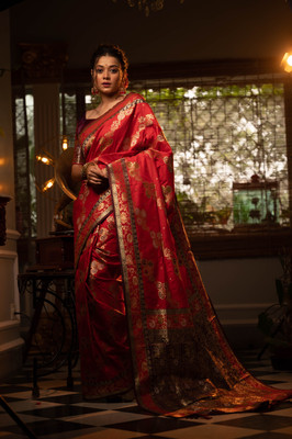 PeachPetals Woven Banarasi Cotton Silk Saree(Red)