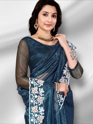 lunexa Embroidered Bollywood Pure Silk Saree(Blue)