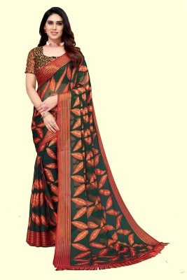 Winza Designer Printed, Floral Print Bollywood Chiffon, Brasso Saree(Dark Green)