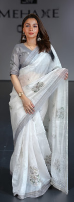 Myraani Floral Print Kantha Cotton Linen Saree(Grey, White)