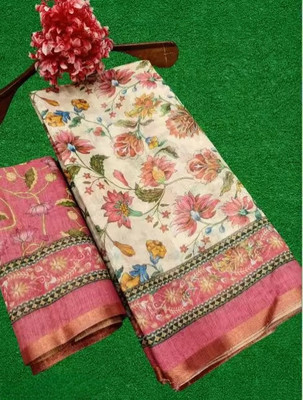 Marabout Digital Print Bollywood Cotton Linen Saree(Brown)