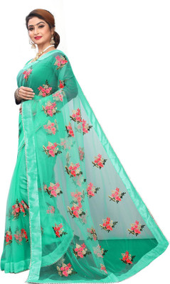 MYSTERY BOX Embroidered Bollywood Net Saree(Dark Green)