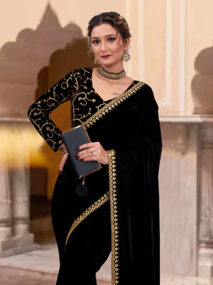 hutah Embroidered, Self Design Bollywood Velvet Saree(Black)