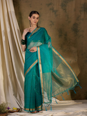 Kalista Woven, Embellished, Self Design Banarasi Organza, Silk Blend Saree(Dark Blue)