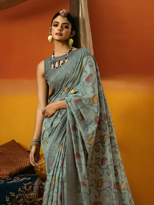 Sareemall Woven Ikkat Cotton Blend Saree(Grey)