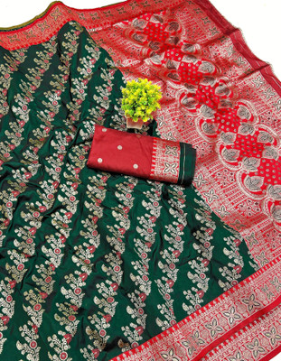 Ratnavali Woven Banarasi Silk Blend, Art Silk Saree(Dark Green)