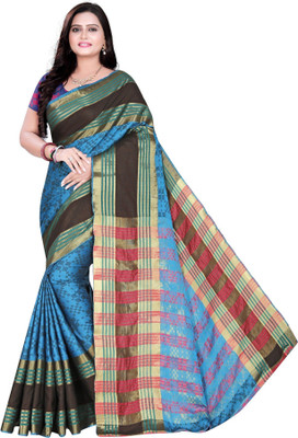 3Buddy Fashion Self Design, Checkered Handloom Cotton Blend, Cotton Silk Saree(Light Blue)