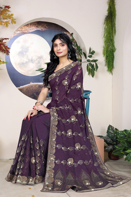 New Pooja Embroidered, Embellished Bollywood Georgette Saree(Purple)