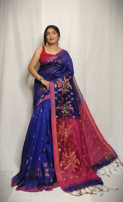 binita Self Design Handloom Cotton Blend Saree(Dark Blue)