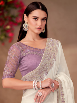 Sareemall Embroidered Bollywood Chiffon Saree(White)