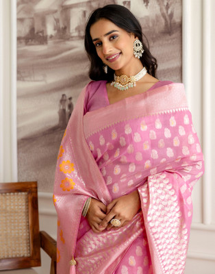 all about you Woven, Self Design Banarasi Chanderi, Cotton Blend Saree(Pink)