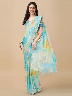 RAJESHWAR FASHION Color Block, Printed Bollywood Chiffon Saree(Light Blue, Multicolor)