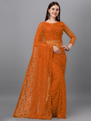 LOROFY Embellished Lucknow Chikankari Net, Lycra Blend Saree(Orange)