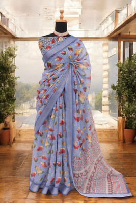 HouseOfCommon Floral Print Bollywood Linen Saree(Blue)