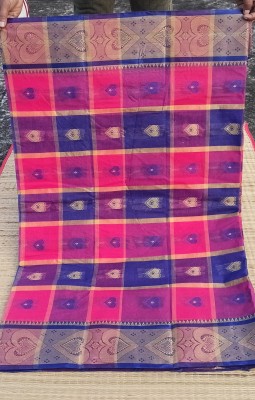 PRANATI ENTERPRISE Printed, Checkered Handloom Pure Cotton Saree(Pink, Dark Blue)
