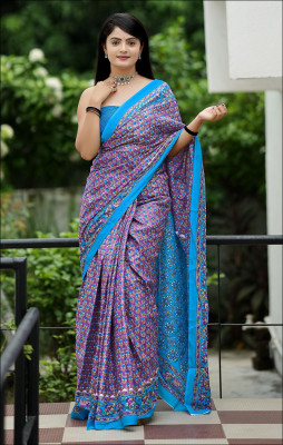 KASLI ENTEREPRISE Printed, Floral Print, Geometric Print Daily Wear Handloom Pure Cotton Saree(Blue, Purple)