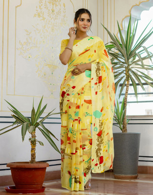 Samah Digital Print, Printed, Embellished Bollywood Georgette Saree(Yellow)