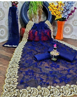 Zenomics Embroidered, Embellished Bollywood Net Saree(Blue)