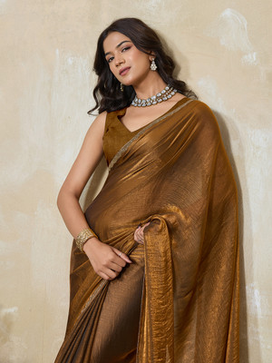 BFM Embroidered Bollywood Tissue Saree(Brown)
