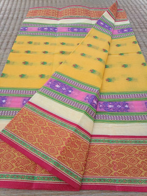 KhayaFashion Woven Tant Pure Cotton Saree(Yellow)