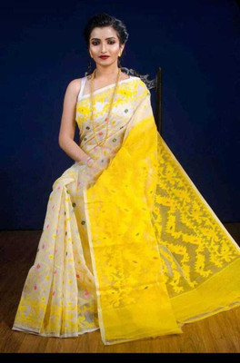 Viswas Woven Jamdani Cotton Silk Saree(Yellow)