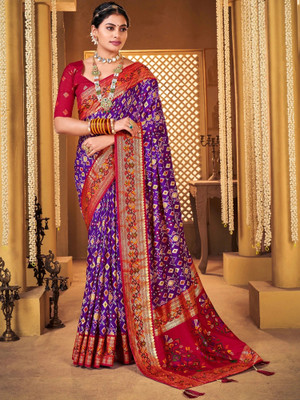 Sareemall Self Design Patola Cotton Blend Saree(Purple)