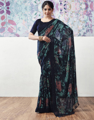Satrani Printed, Woven Bollywood Georgette Saree(Dark Blue, Blue)