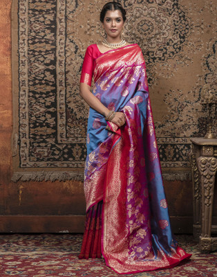Samah Woven, Embellished, Self Design Banarasi Art Silk Saree(Blue, Pink)