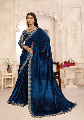 hutah Embellished, Woven Banarasi Pure Cotton, Velvet Saree(Light Blue)