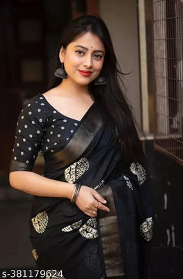 HIYAMI Printed Bollywood Cotton Linen Saree(Black)